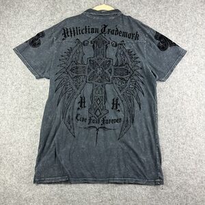 Affliction Distressed Polo Shirt Mens XL Gray Distressed Cross Wings Graphic*